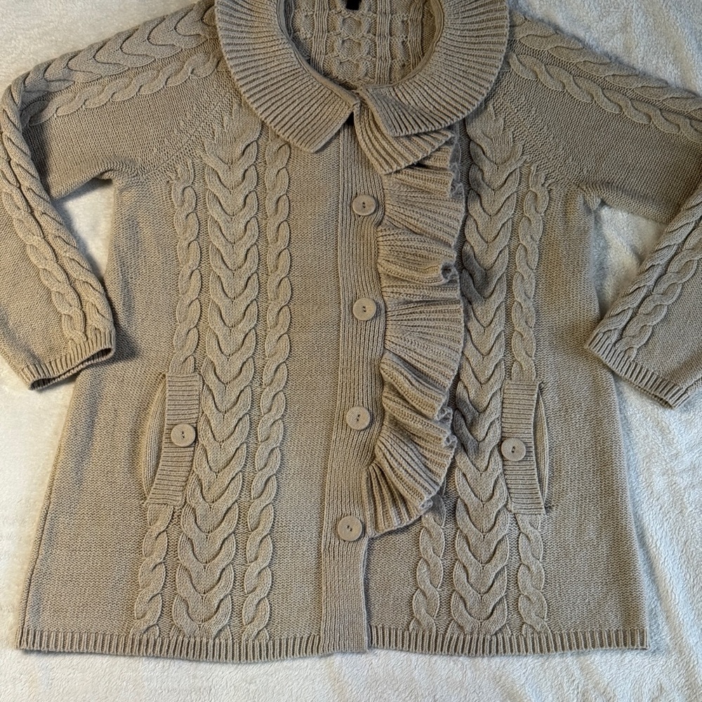Soma Intimates Cable‑Knit Ruffle Button Cardigan Sweater Large Beige Taupe